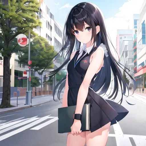 Prompt: pixiv, a 12 year old girl waking in the street, black hair, long hair, black eyes, armpit length hairs, academy scenario, detailed body, waking on the streets,  standing, wearing school clothes, holding books, waist-up shot, HDRI, masterpiece, smooth, sharp focus, illustration, cute, emo, pupiles, short dress,
