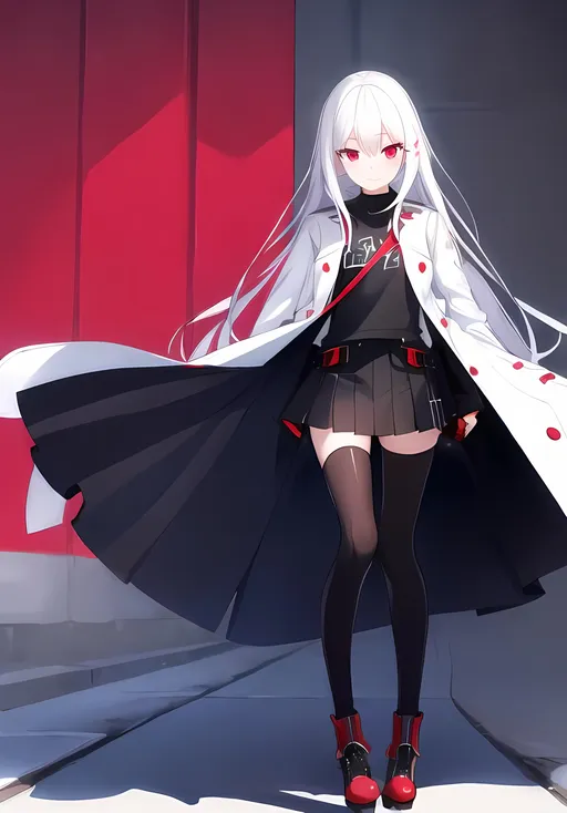 Prompt: pixiv, a 14 year old girl, white hair, deep red eyes, detailed face, white long coat,waist-up shot, show emotions, small smile, HDRI, masterpiece, smooth, sharp focus, illustration, tattoo_black_horizontal_lines_on_cheeks, emo, pupiles, happy, casual cloths