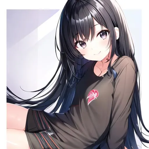 Prompt: pixiv, a 12 year old girl smiling, black hair, long hair, black eyes, detailed face, wearing casual clothes waist-up shot, HDRI, masterpiece, smooth, sharp focus, illustration, cute, tattoo_black_horizontal_lines_on_cheeks, emo, pupiles, short dress,
