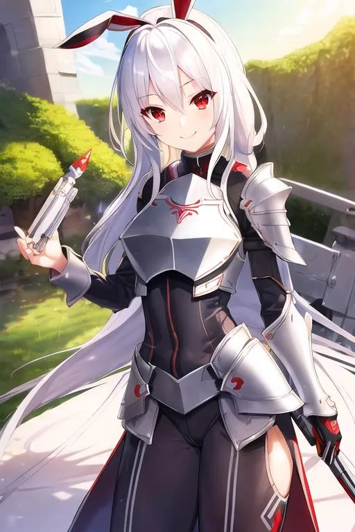 Prompt: pixiv, a 15 year old girl smiling, white hair, long hair, deep red eyes, chest plate, Armor, adventure clithes, mini shots, waist, detailed face, waist-up shot, HDRI, masterpiece, smooth, sharp focus, illustration, rabbit face, cute, tattoo_black_horizontal_lines_on_cheeks, emo, pupiles, short dress,