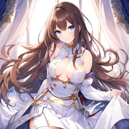 Prompt: pixiv, a 25 year old matured girl smiling, walnut brown hair, long hair, indigo blue eyes, big chest, D rank chest size, detailed face, wearing white skirt, waist-up shot, HDRI, masterpiece, smooth, sharp focus, illustration, emo, pupiles,
