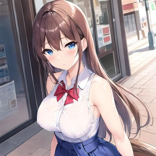 Prompt: pixiv, a matured women, walnut brown hair, indigo blue eyes, big chest, armpit length hairs, academy scenario, detailed body, waking on the streets,  standing, wearing school clothes, holding books, waist-up shot, HDRI, masterpiece, smooth, sharp focus, illustration, cute, emo, pupiles, short dress,