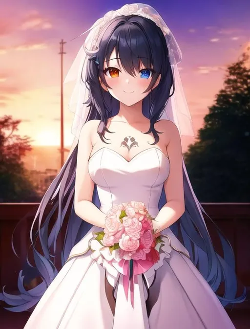 Prompt: pixiv, a 15 year old girl smiling, sipver hair, long hair, Heterochromia eyes Blue (Left), Red (Right) , wedding dress, detailed face, waist-up shot, HDRI, masterpiece, smooth, sharp focus, illustration, rabbit face, cute, tattoo_black_horizontal_lines_on_cheeks, emo, pupiles, short dress,