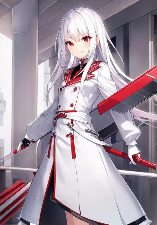 Prompt: pixiv, a 14 year old girl, white hair, deep red eyes, detailed face, long white coat, waist-up shot, HDRI,happy face, smiling, masterpiece, smooth, sharp focus, illustration, emo, pupiles, happy, casual cloths