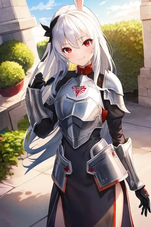 Prompt: pixiv, a 15 year old girl smiling, white hair, long hair, deep red eyes, chest plate, Armor, adventure clithes, detailed face, waist-up shot, HDRI, masterpiece, smooth, sharp focus, illustration, rabbit face, cute, tattoo_black_horizontal_lines_on_cheeks, emo, pupiles, short dress,