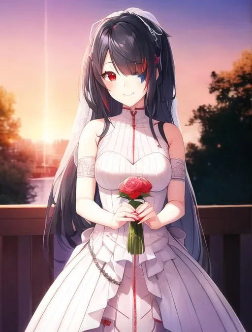 Prompt: pixiv, a 15 year old girl smiling, silver hair, long hair, Heterochromia eyes Blue (Left), Red (Right) , wedding dress, detailed face, waist-up shot, HDRI, masterpiece, smooth, sharp focus, illustration, cute, tattoo_black_horizontal_lines_on_cheeks, emo, pupiles, short dress,