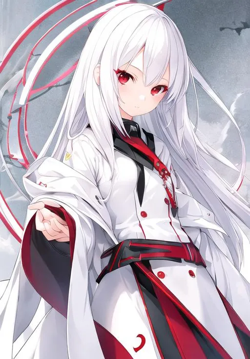 Prompt: pixiv, a 14 year old girl, white hair, deep red eyes, detailed face, white long coat,waist-up shot, HDRI, masterpiece, smooth, sharp focus, illustration, tattoo_black_horizontal_lines_on_cheeks, emo, pupiles, happy, casual cloths