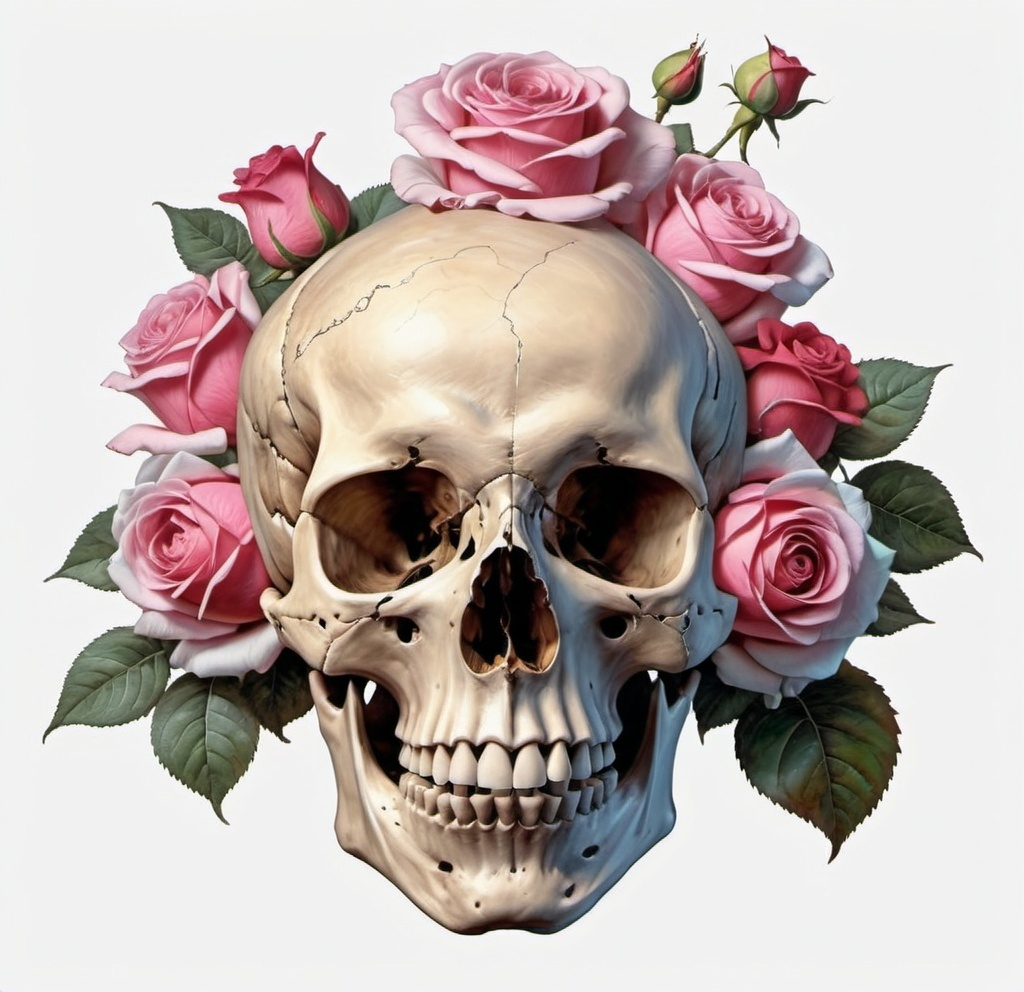 Prompt: 
full color painting in the style of legendary artist, Norman Rockwell, of a photo-real, human skull with colorful and beautiful big roses, n a transparent background.