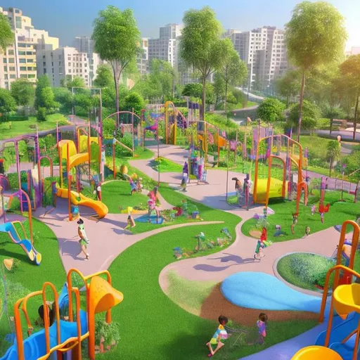 Prompt: Healthy community with park, playground, food garden, vibrant outdoor scene, 3D rendering, lush greenery, joyful children playing, organic food garden, diverse community, sunny and warm atmosphere, high quality, 3D rendering, vibrant, community, healthy, lush greenery, joyful children, organic, diverse, sunny, warm, 3D rendering, high quality