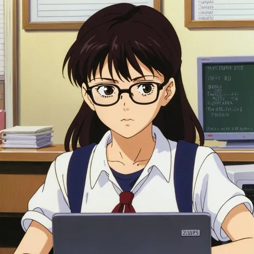 Prompt: 1990s anime screencap, a school girl, anime scene
Anna is a young software developer in her mid-20s. She has short, dark hair and wears glasses. Her attire is typically casual, with a T-shirt and jeans. She always carries a laptop under her arm and tends to be deeply engrossed in her work. Her appearance exudes intelligence and enthusiasm for technology.