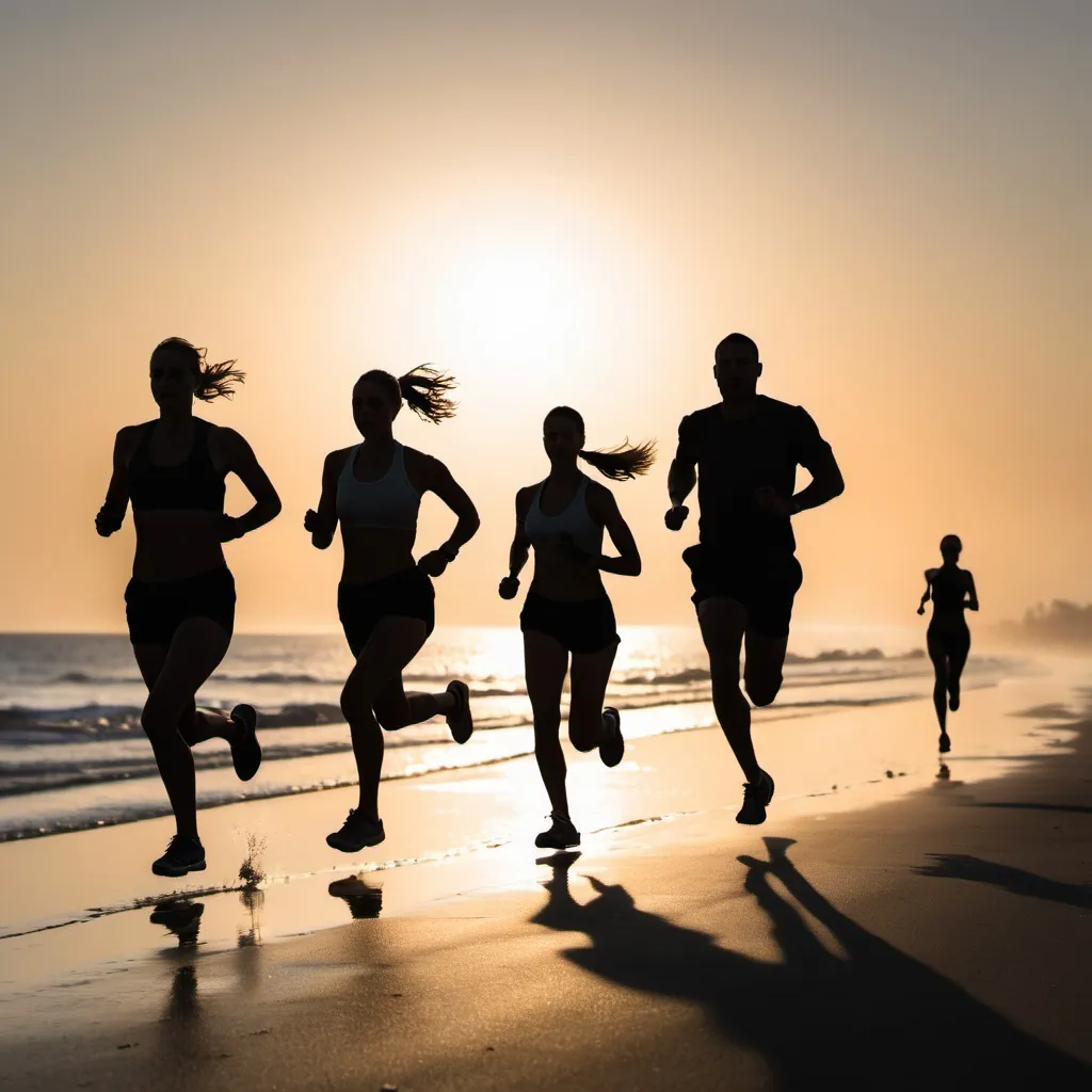 Prompt: Silhouette of fit people running on the beach