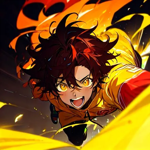 Prompt: Anime illustration of a happy 19-year-old black guy with messy hair, wearing a red pullover with a yellow exclamation point, detailed facial features, vibrant colors, high quality, anime, joyful expression, dynamic pose, artistic rendering, bright and energetic, detailed clothing, expressive eyes, professional, atmospheric lighting