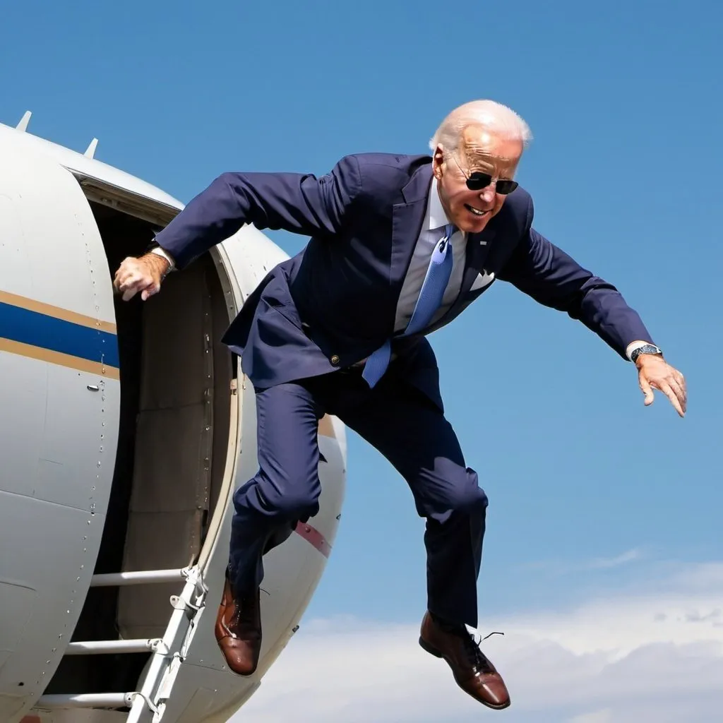 Prompt: Joe Biden Jumping out of an airplane without a parachute

