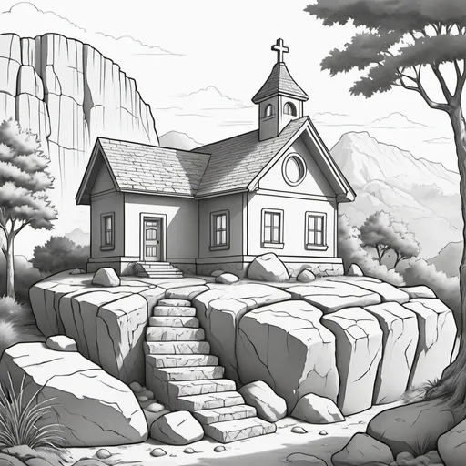 Prompt: Coloring sheet of a house with a solid rock foundation, 'Jesus Christ' or 'God's Word' inside, symbolic, coloring sheet, high quality, detailed outline, solid rock foundation, symbolic representation, Christian theme, peaceful and serene, coloring sheet quality, calm and soothing color tones, natural lighting