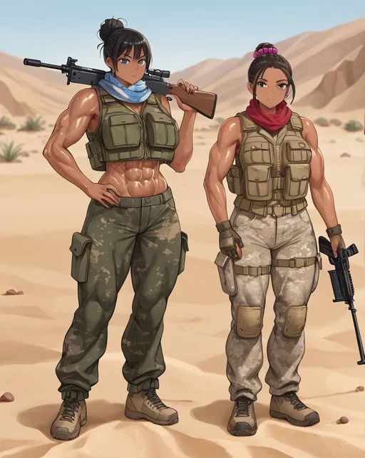 Prompt: Movie still of a muscular  female soldier in the desert holding her tactical rifle, The women is only wearing a bullet proof vest, blowing scarf and tactical pants and nothing else. The desert is bright and sand breezes in the air. beads of sweat drip down her glistening skin, extremely shiny skin, sweaty and grit, muscular, looking around, hair in a messy bun, huge arms, abs, dark skin,