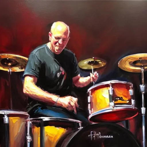 Prompt: Oil painting of human John Fishman playing drums, contest winner