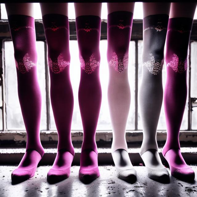 Prompt: Photo of colorful pink stockings in abandoned building, symmetrical, monochrome photography, highly detailed, crisp quality and light reflections, 100mm lens