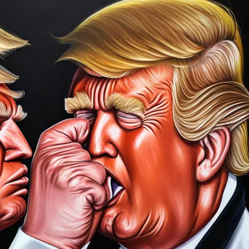 Prompt: Produce a photorealistic portrait capturing Donald Trump punching himself 