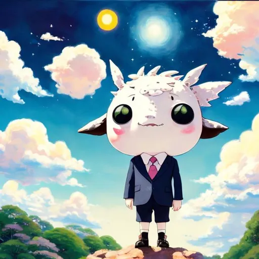 Prompt: A painting of a cute matilpoo wearing a suit, natural light, in the sky,  with bright colors, by Studio Ghibli 