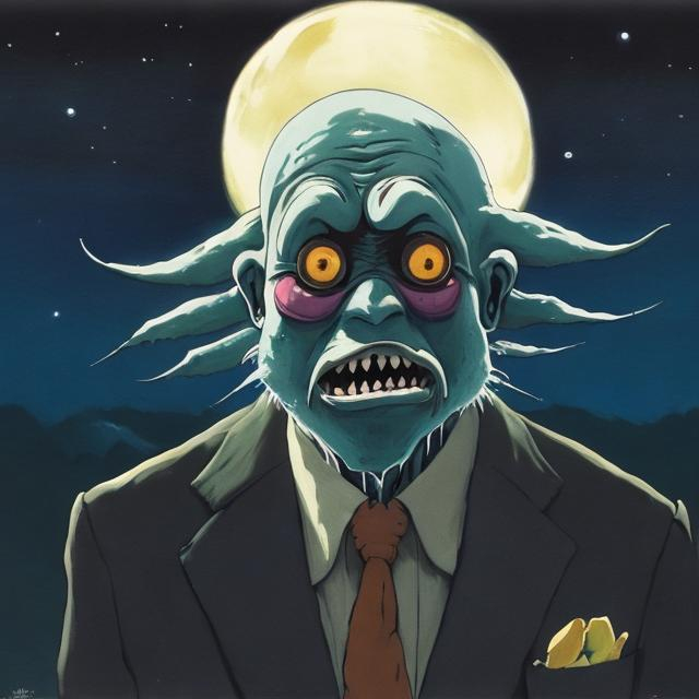 Prompt: A painting of an ugly old ghost wearing a suit, natural light, in the night, with bright colors, by studio Ghibli.