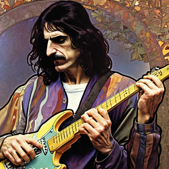 Prompt: A colorful painting of Frank Zappa, playing guitar, natural light, by Alphonse Mucha