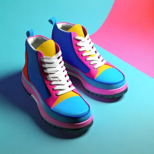 Prompt: Product shot of doc Martin shoes, with soft vibrant colors, 3D blender render, modular constructivism, blue background, physically based rendering, centered
