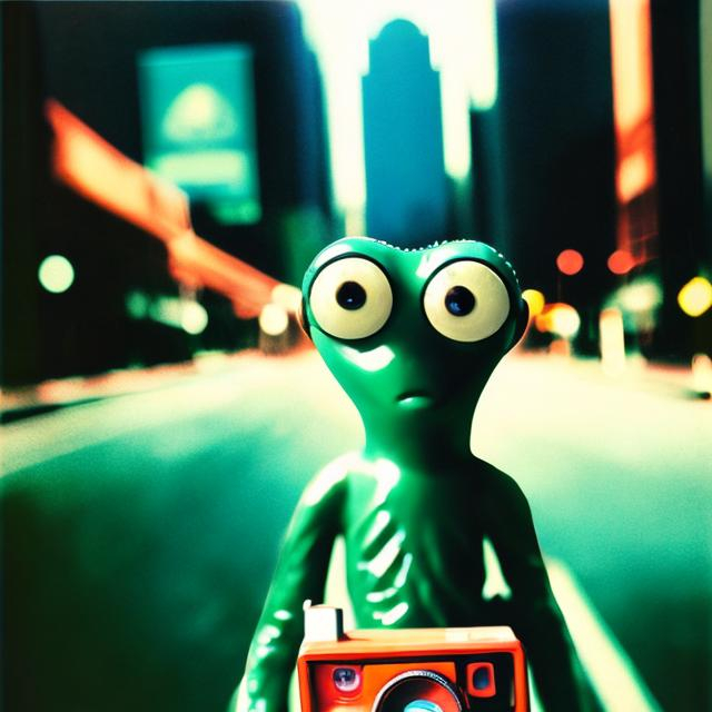 Prompt: Still photo of Gumby sitting in the middle of a wide empty city street, his back to the camera, symmetrical, Polaroid photo, highly detailed, crisp quality