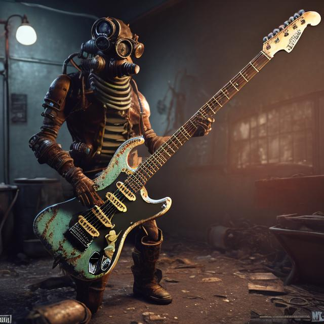 Prompt: Fallout concept art steampunk Fender stratocaster render grim, Sundays coming  from behind, unreal engine 5