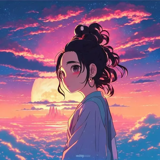 Prompt: Anime artwork inspired by Itzy's music, mesmerizing night sky, and the enchanting visual style of Hayao Miyazaki 