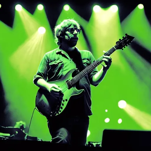 Prompt: Painting of Trey Anastasio of Phish, concert lighting, on stage, by Tim Burton