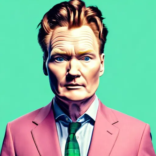 Prompt: Product shot of Conan O'Brien, with soft vibrant colors, 3D blender render, modular constructivism, green background, physically based rendering, centered