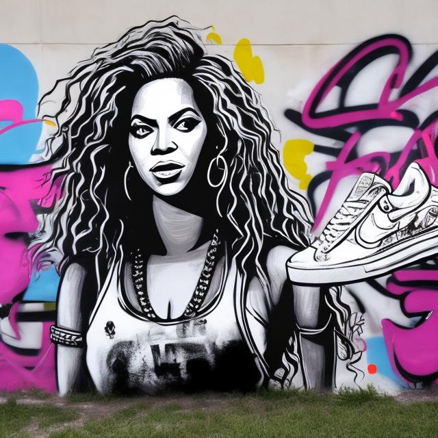 Prompt: Wall graffiti art of Beyonce holding a sneaker