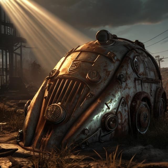 Prompt: Fallout concept art steampunk Ibanez 777 render grim, Sun rays coming  from behind, unreal engine 5