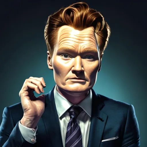 Prompt: Portrait of Conan O'Brien with pompadour hair and with cute face, in a suit, perfect composition, hyperrealistic, super detailed, 8k, high quality, trending art, trending on artstation, sharp focus, studio photo, intricate details, highly detailed, by Steven Robbins 