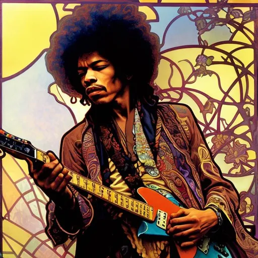 Prompt: A painting of Jimi Hendrix, playing guitar, natural light, by Alphonse Mucha