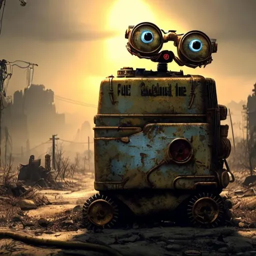 Prompt: Fallout concept art steampunk Wall-E render grim, sun rays coming from above, unreal engine 5