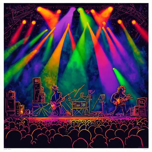 Prompt: Craft an artwork capturing the essence of Trey Anastasio from Phish, bathed in the vibrant hues of concert lighting, with a touch of the whimsical Ghibli style to evoke a musical journey