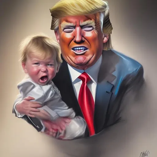 Prompt: Produce a photorealistic portrait capturing Donald Trump pushing a baby 