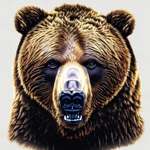 Prompt: Portrait of a grizzly bear with long hair and with cute face, in a t-shirt, perfect composition, hyperrealistic, super detailed, 8k, high quality, trending art, trending on artstation, sharp focus, studio photo, intricate details, highly detailed, centered, by Steven Robbins