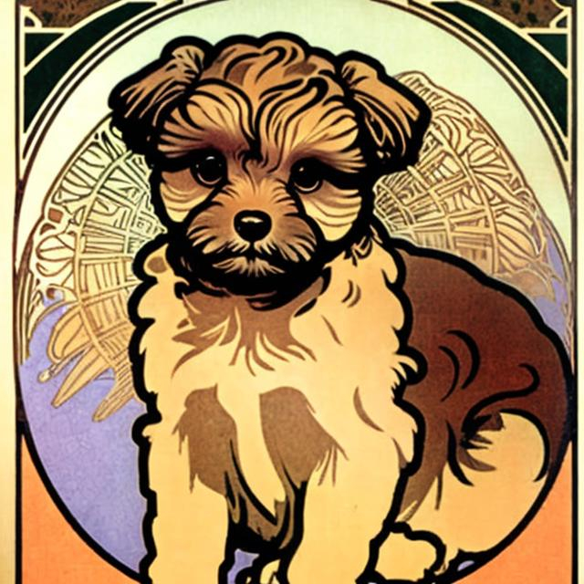 Prompt: A colorful woodblock print of a brown Maltipoo, by Alphonse Mucha