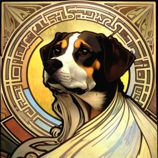Prompt: A painting of a dog, natural light, by Alphonse Mucha 