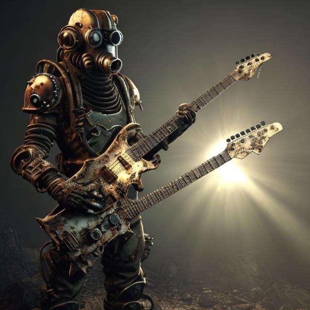 Prompt: Fallout concept art steampunk guitar render grim, Sun rays coming from above, unreal engine 5