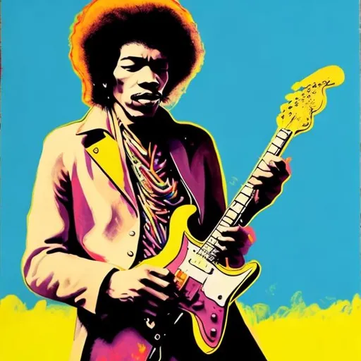 Prompt: A painting of Jimi Hendrix playing a guitar, natural light, in the sky, with bright colors, by Andy Warhol 