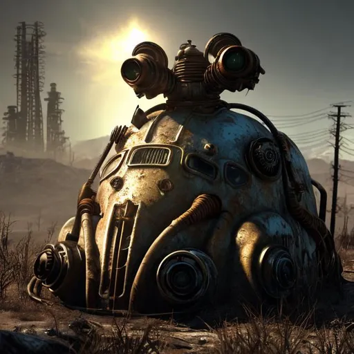 Prompt: Fallout concept art steampunk Ibanez 777 render grim, Sun rays coming  from behind, unreal engine 5