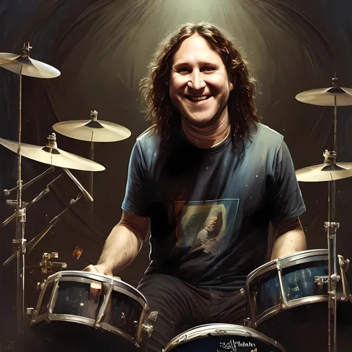 Prompt: Portrait of Jon Fishman with long hair and with smiling face, drums in background, perfect composition, hyperrealistic, super detailed, 8k, high quality, trending art, trending on artstation, sharp focus, studio photo, intricate details, highly detailed, by greg rutkowski