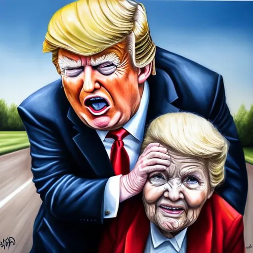 Prompt: Produce a photorealistic portrait capturing Donald Trump pushing an old lady over