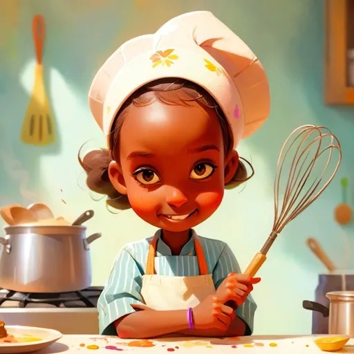 Prompt: Disney style brown Somali girl cook with a cooking hat, arms crossed and a whisk in her hand and a happy smile, vibrant colors, sunny