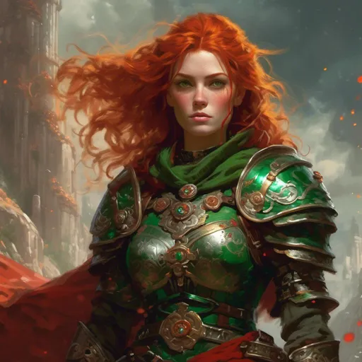 Prompt: <mymodel> Selene, 38, is a fierce woman with fiery red hair and piercing green eyes that seem to burn with inner fire. She wears armor adorned with symbols of Enchantment, and her presence exudes an aura of strength and courage.
 In the art style of Frank Frazetta.
