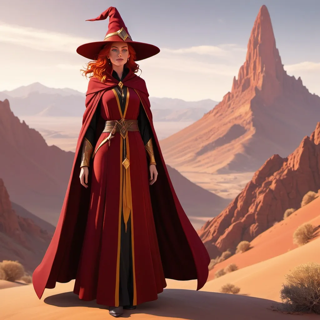 Prompt: Character design sheet, a woman, (tall) and (Statuesque), red hair (long and Firey) and (gold eyes). she wears (crimson and gold) wizard robes, and a pointy witch hat. Arid mountains, clear skies. 4k, high quality.