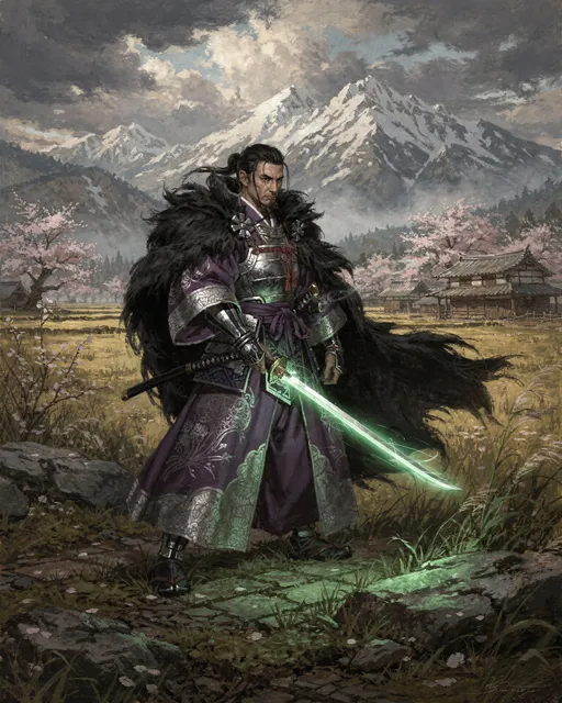 Prompt: A classic painting of a ronin. He wears nice purple and silver Japanese clothing. He wears a black fur cloak. He wields a katana that glows green. The setting is a beautiful Japanese countryside with large snowy mountains in the background. Dark fantasy style.